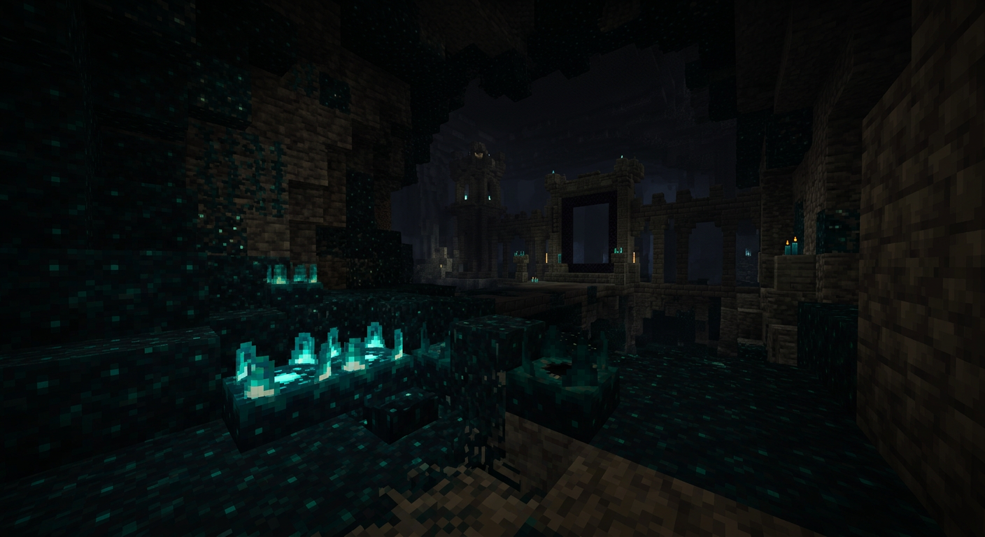 Dark cave covered in sculk with glowing sensors and ancient city ruins