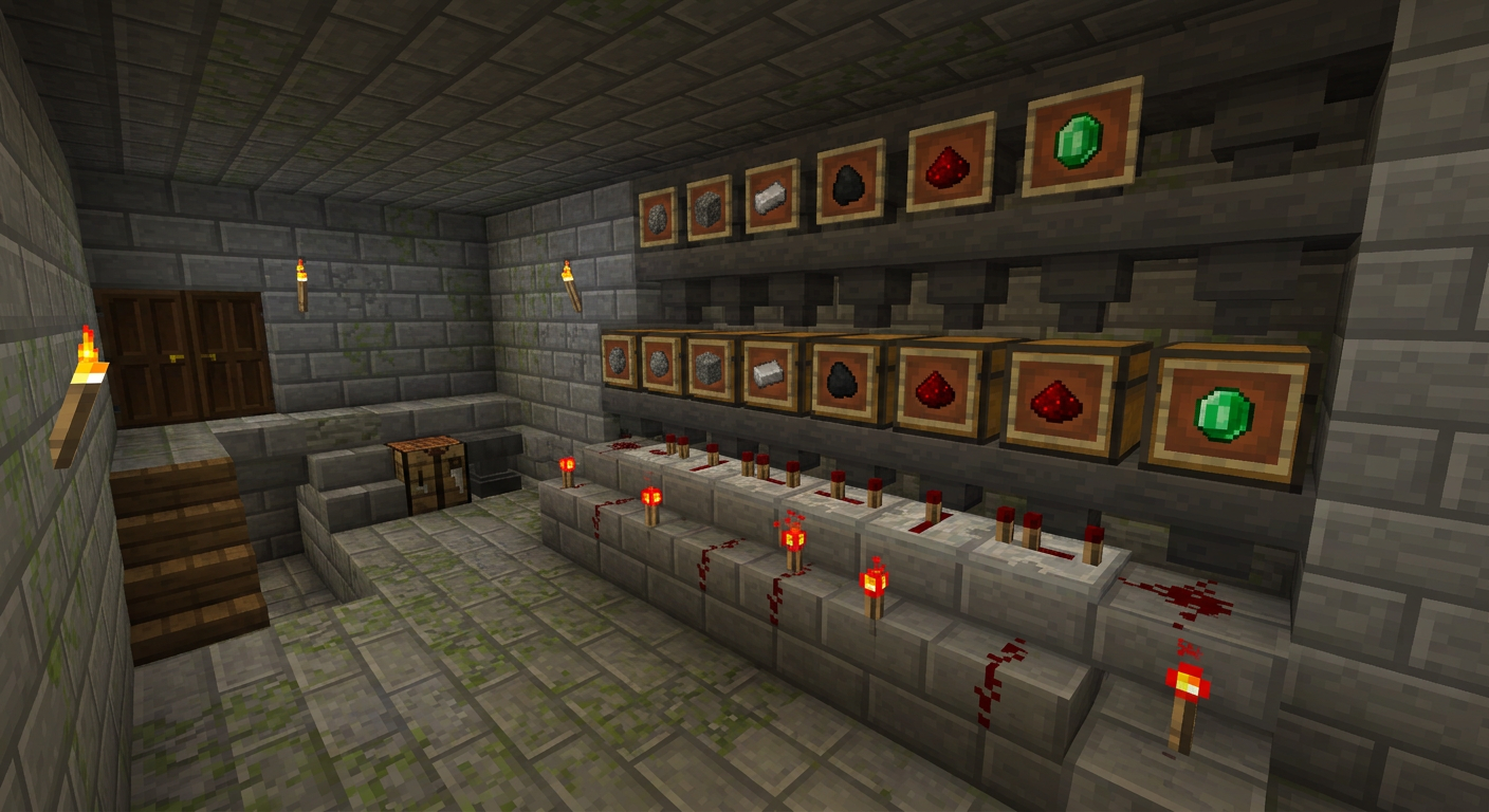 Row of chests fed by hoppers with redstone comparators underneath