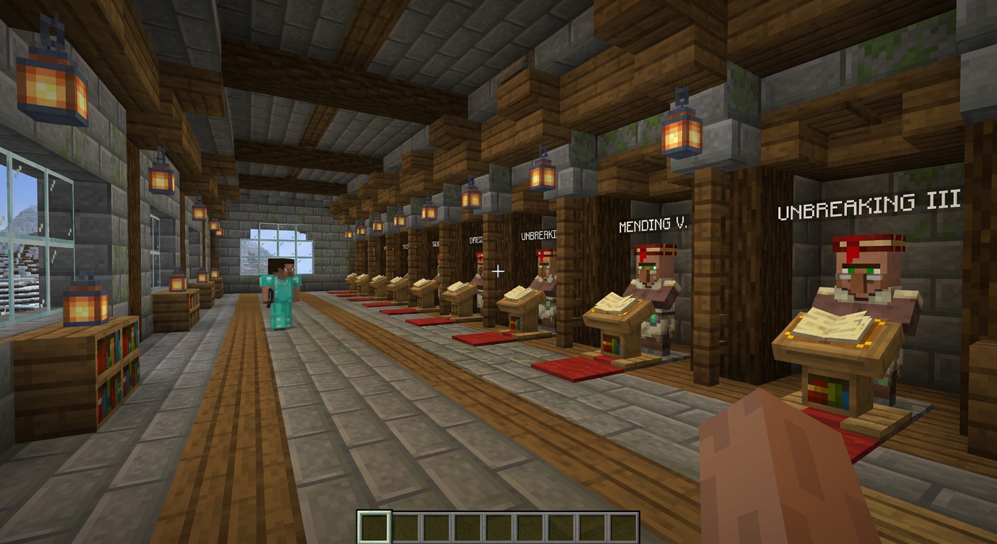Row of villagers in cells with lecterns and job blocks